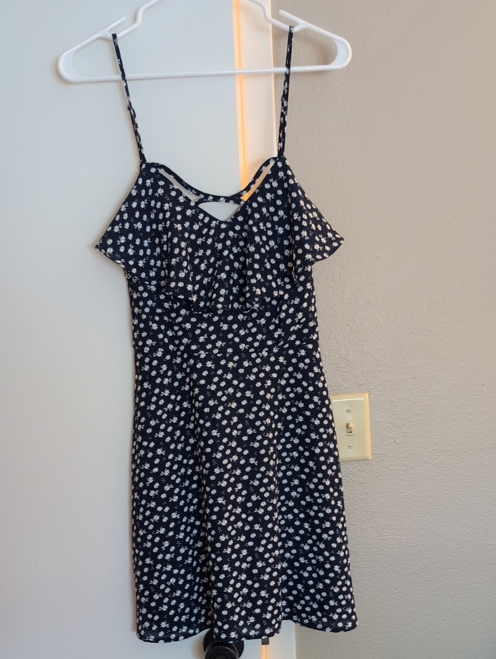 Trixxi Navy Floral Ruffle Midi Dress with White Blossoms